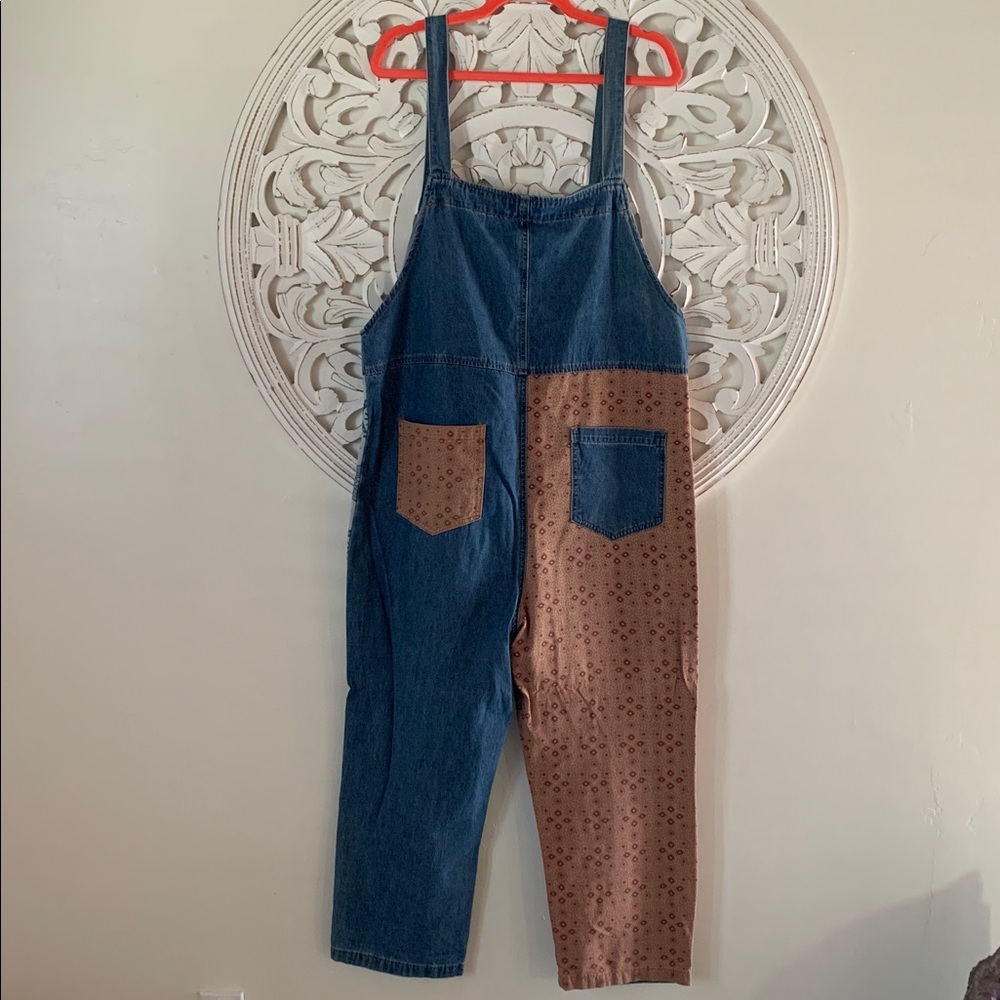 Three Bird Nest Easel Denim Patchwork Overalls - Picture 2 of 2